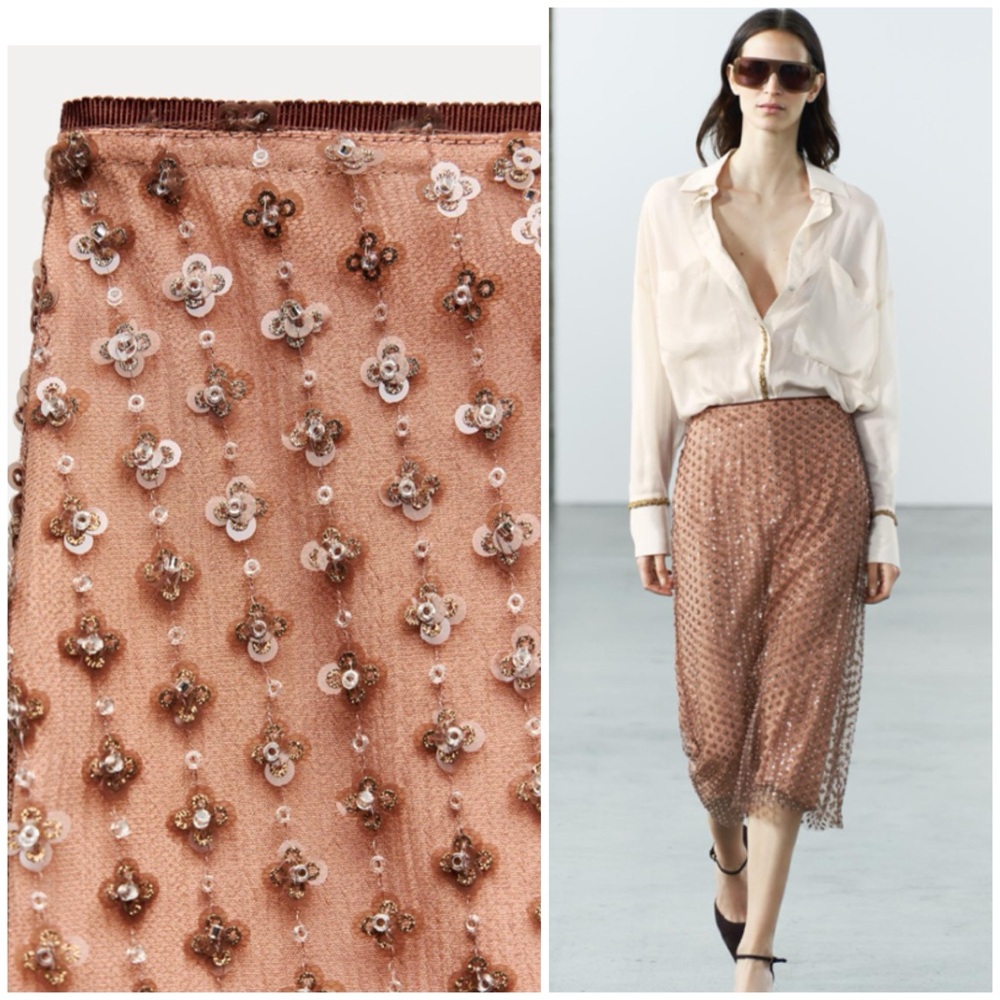 Zara Sequin Embellished Midi Skirt in Copper